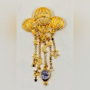 Kirks Folly Gold Tone Triple Hot Air Balloon Brooch W/Dangling Crystals Compass